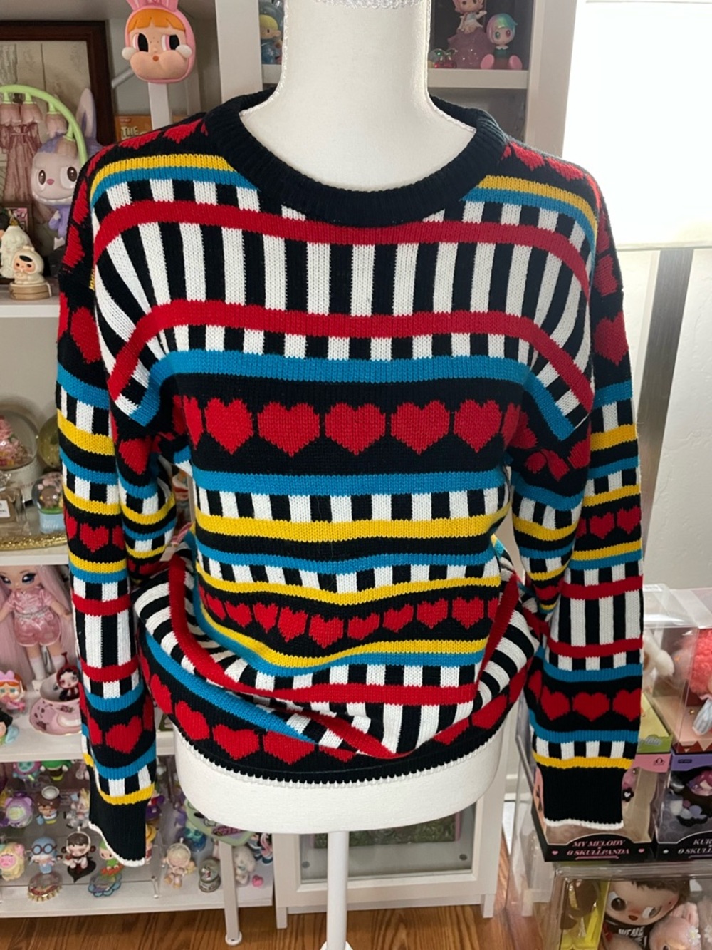 Vintage 1989 Colorful Heart Stripe Knit Sweater Size M